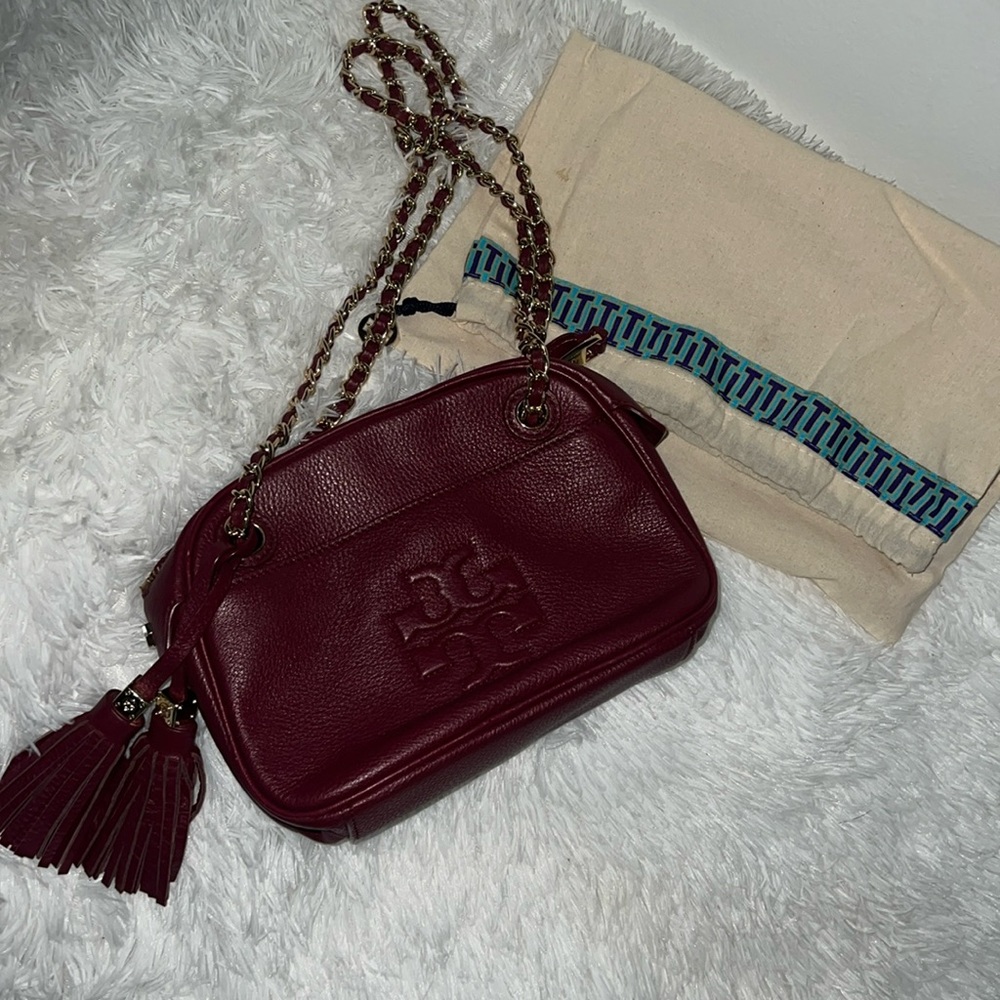 Tory Burch Burgundy Leather Crossbody with Tassel
